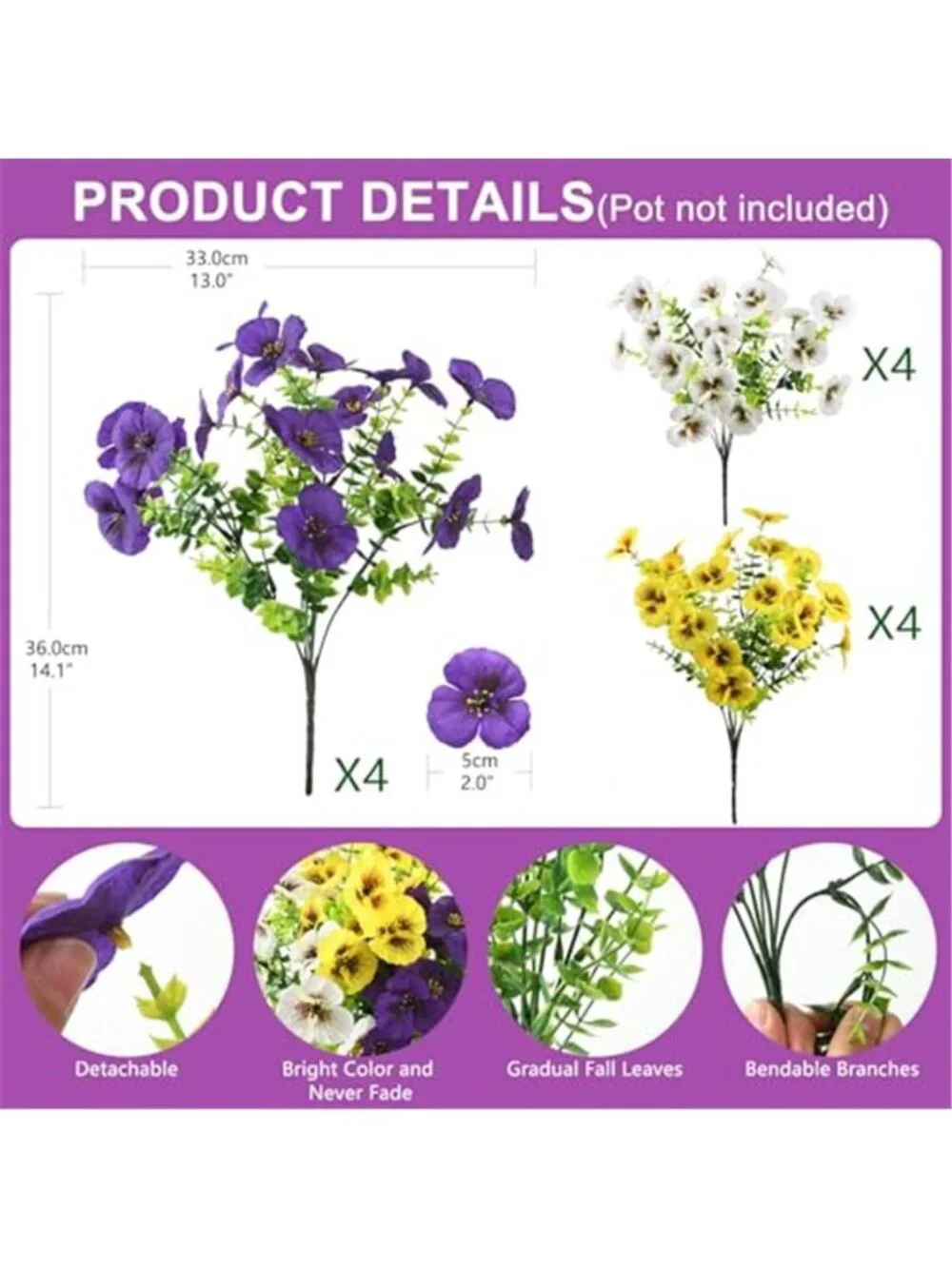 Artificial Pansy Flowers 12 Pcs Faux Silk UV Resistant Outdoor Plants Home Decor